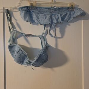 NWOT Victoria's Secret Elegant Blue Embroidered Lingerie Set Sequins And Ruffles